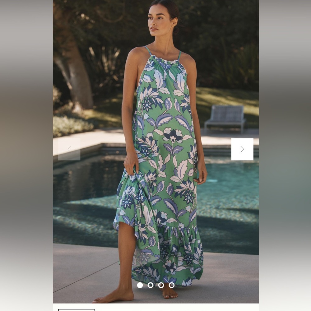 Anthropologie Green/Blue Floral Maxi Dress